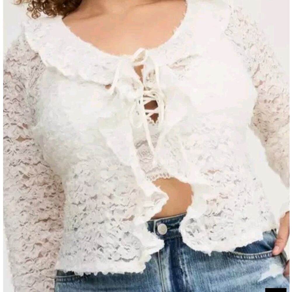 Torrid Front Tie Crochet Long Sleeve Top Floral Ivory 18/20 Romantic Coquette
